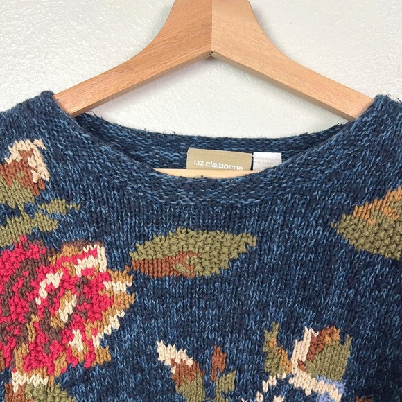 Liz Claiborne Lizwear Womens Floral Rose Chunky Knit Sweater Blue Cropped Large - Picture 2 of 8